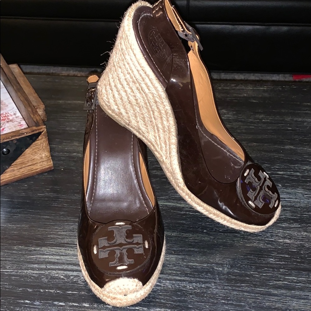 Brown patent leather Tory Burch wedge